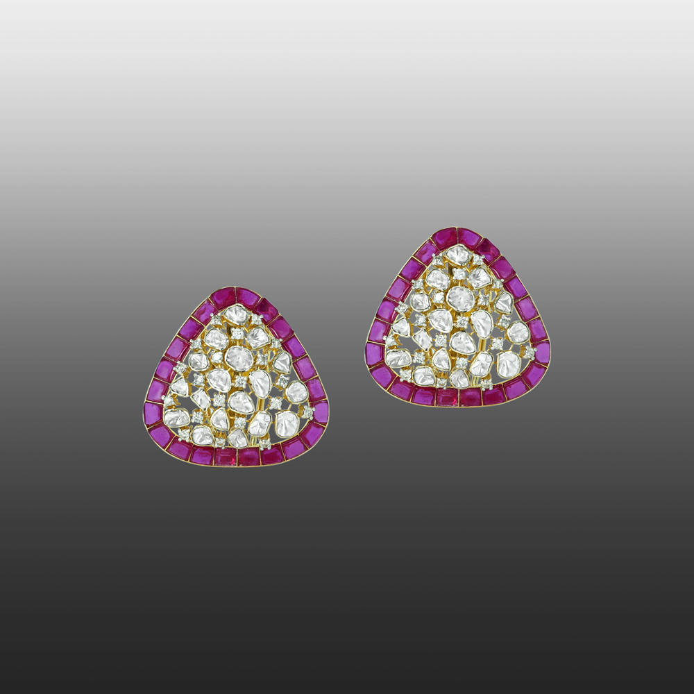 Triangular Polki Earrings with Magenta Borders